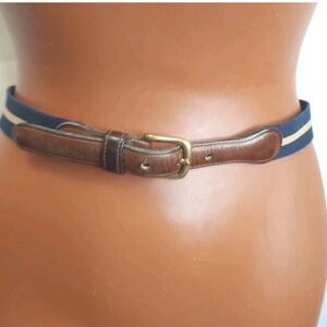 Coach Navy Tan Stripe Stretch Leather Belt Sz 28 Vintage 90s Y2k Nautical Preppy